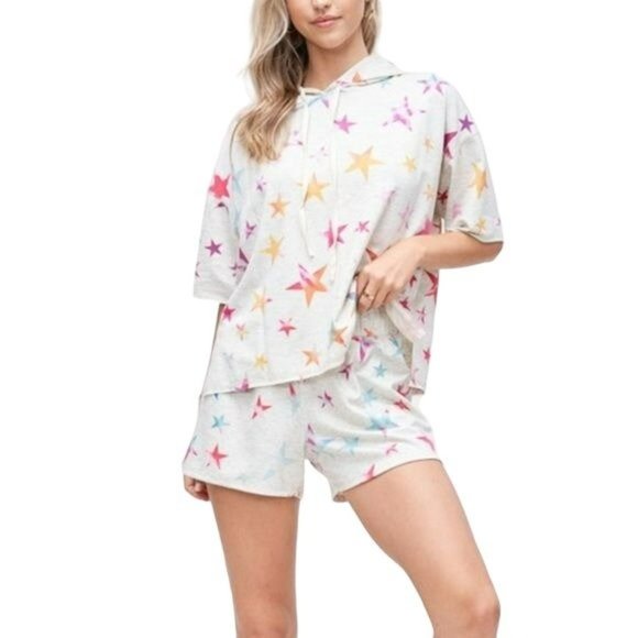 Phil Love Rainbow Star Short Sleeve Hoodie Top White Multicolor Size Small NWT - Picture 3 of 5